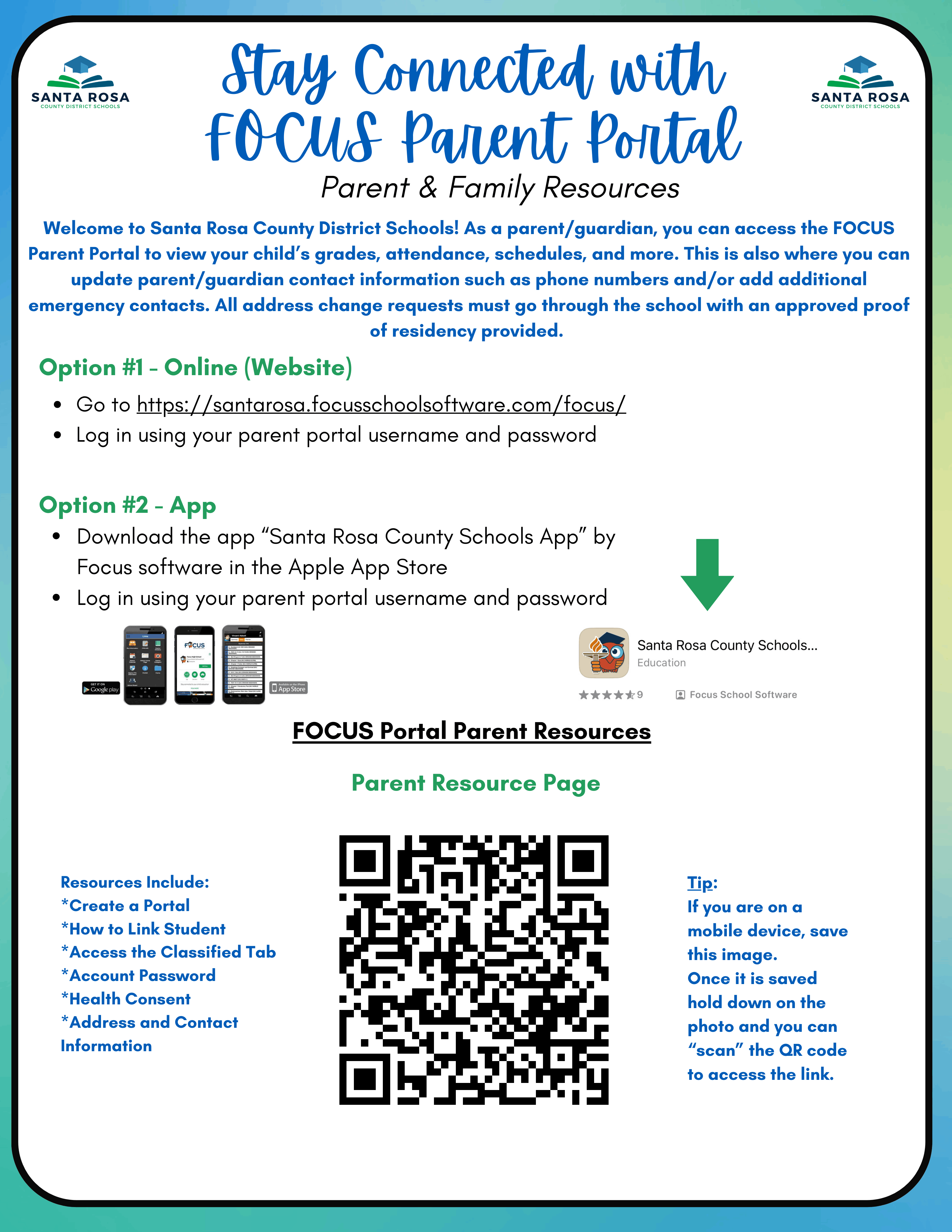 Stay connected with focus parent portal flyer