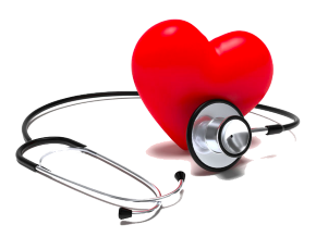 Medical stethoscope with a red heart shape on top placed on a background featuring a blurred image of a doctor's stethoscope and a single red heart, symbolizing love and healthcare.