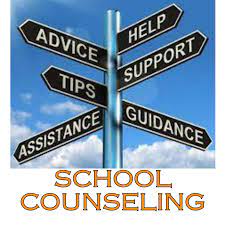 Signpost with directional arrows and words including help, advice, tips, support, assistance, guidance, school counseling.