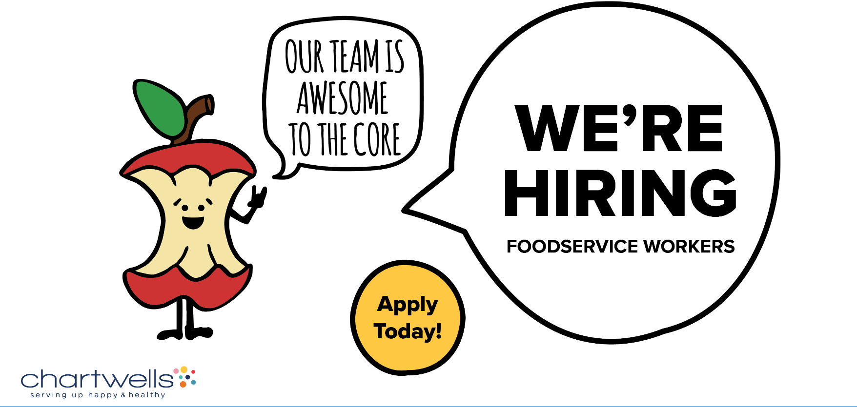 banner, our team is awesome to the core, we're hiring food service workers, apply today!