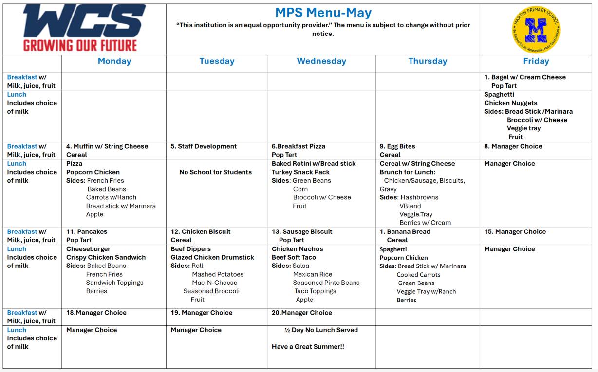 A white page lists the WCS MPS Menu for May, showing dates, meal options, and manager names in a grid format.