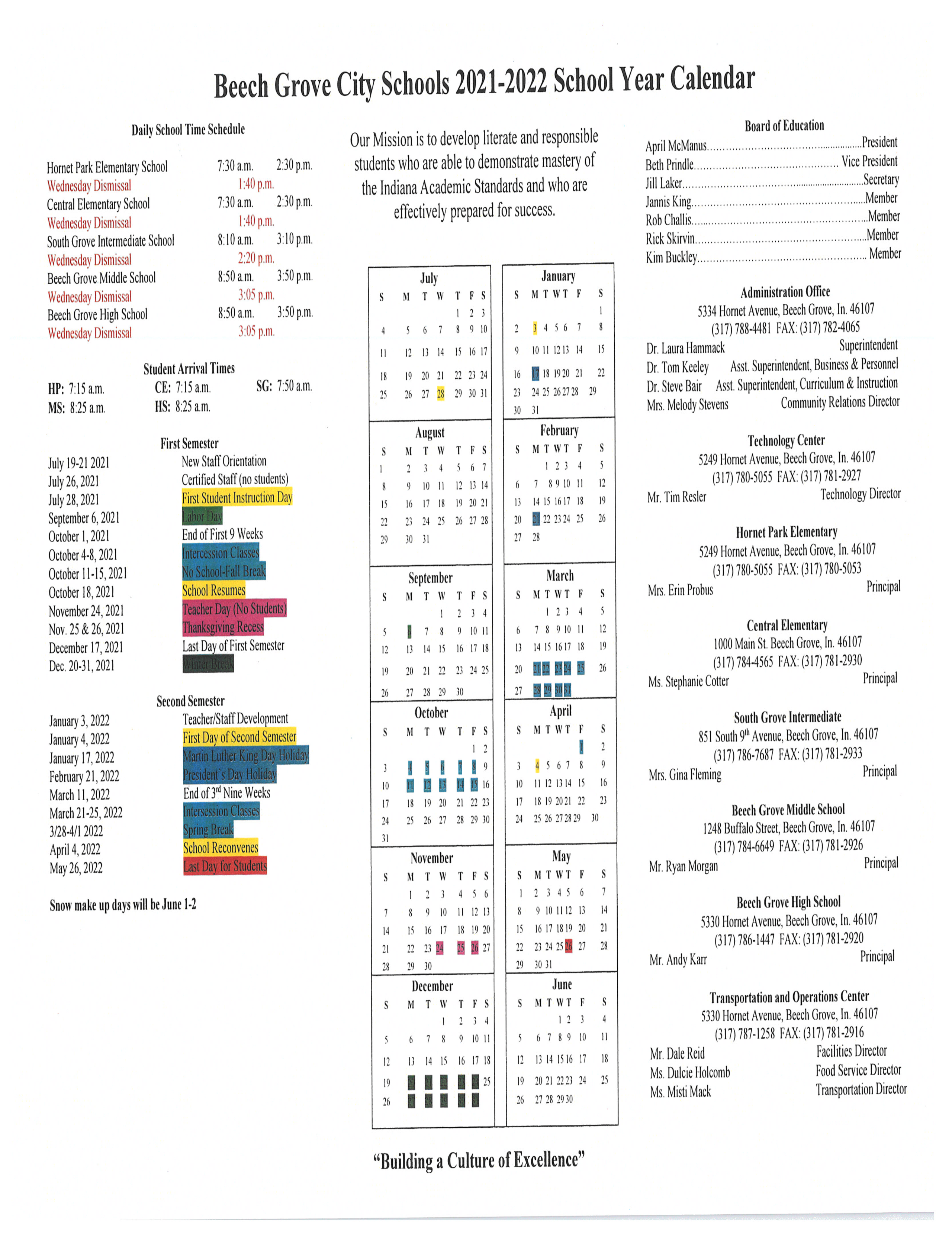 Calendar Information | Beech Grove High School