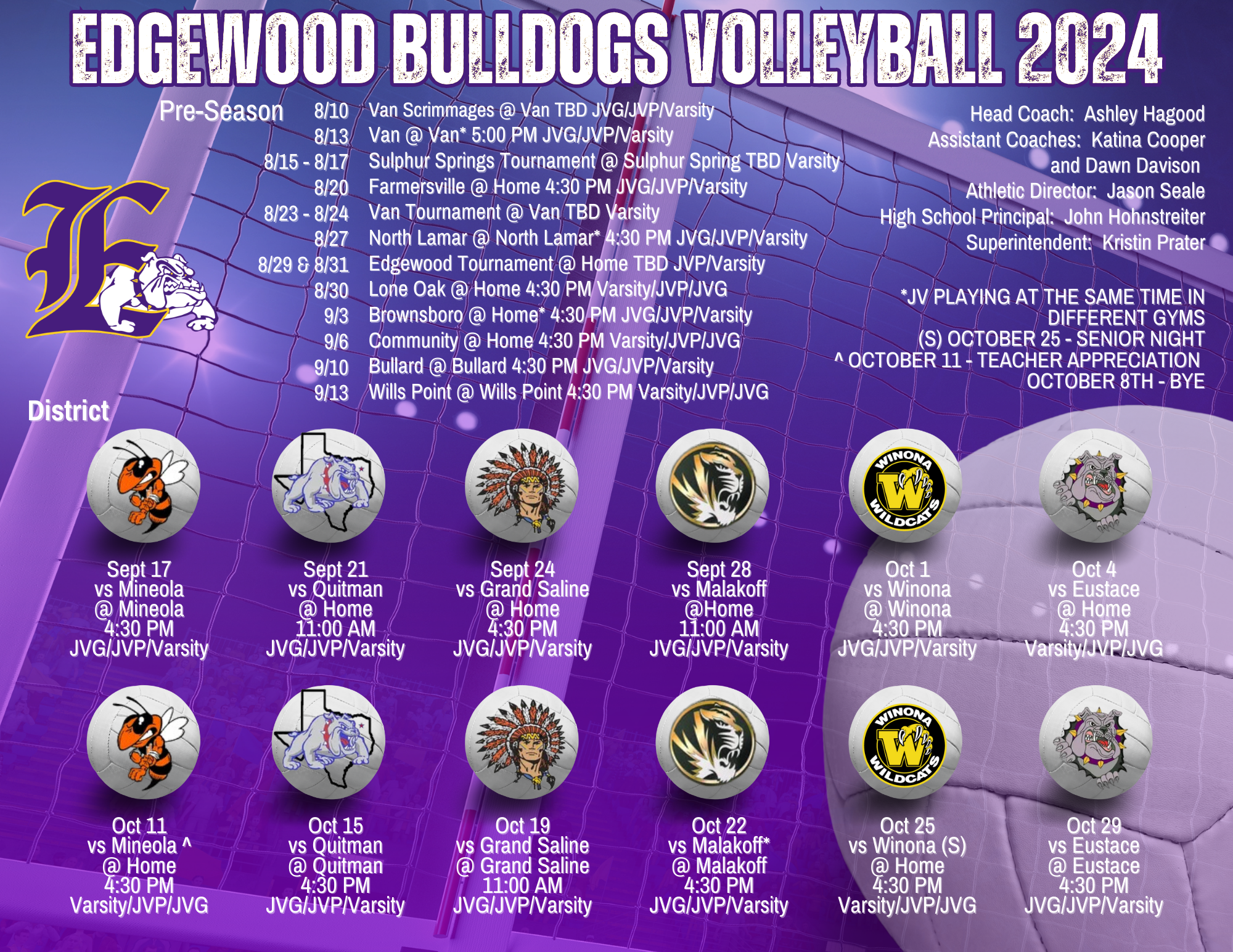 Volleyball Schedule, click on the printable copy for screen reader