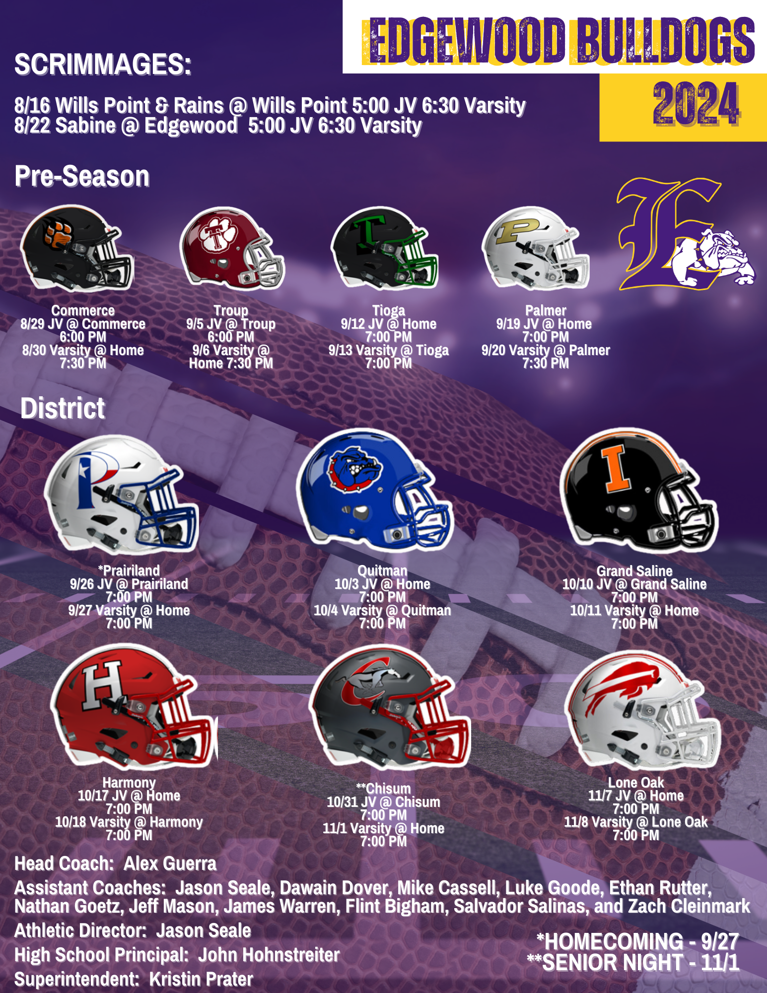Picture of the Football Schedule.  Click on printable schedule for a version to use with screen reader.