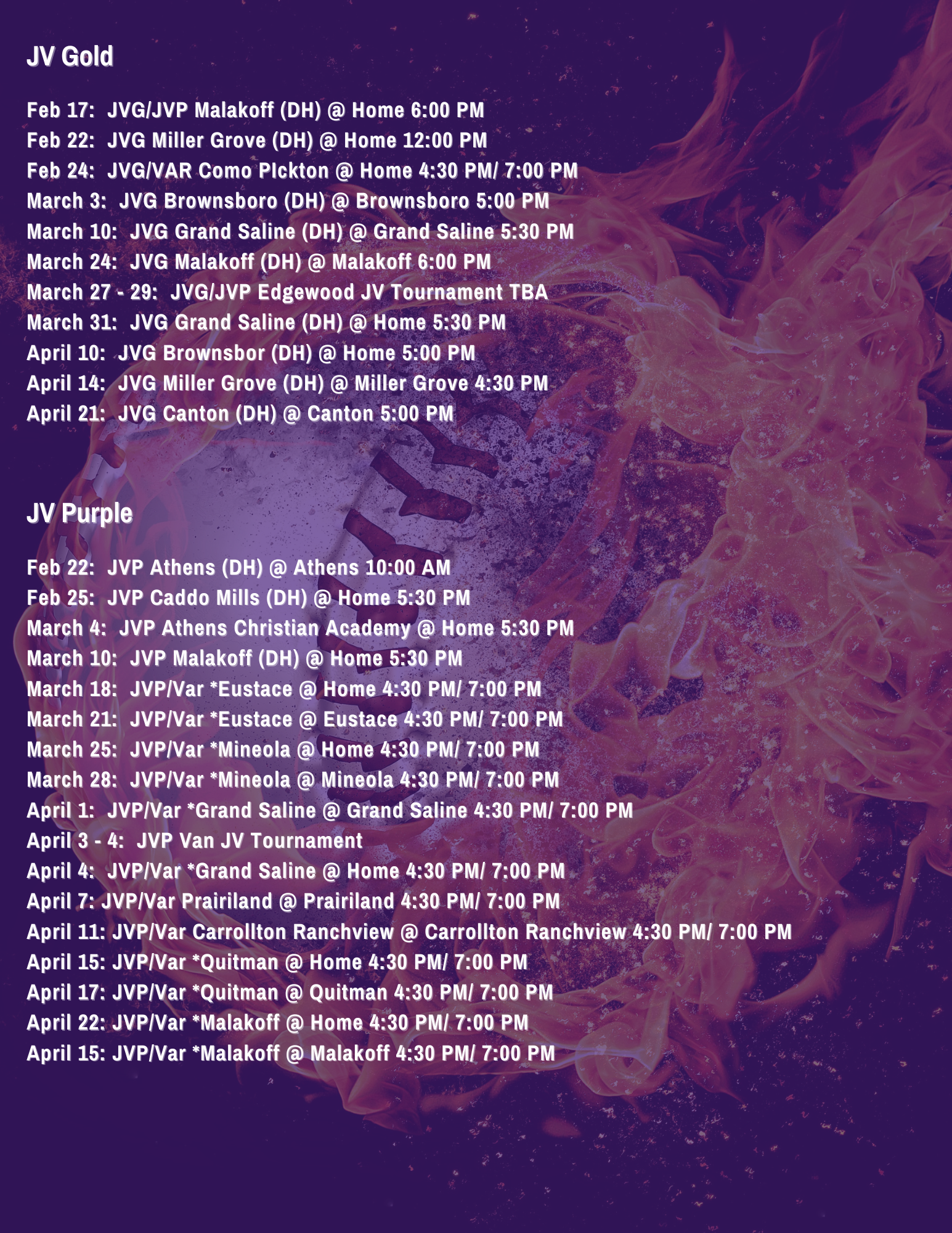 Baseball Schedule for a screen reader copy please click on teh printable pdf