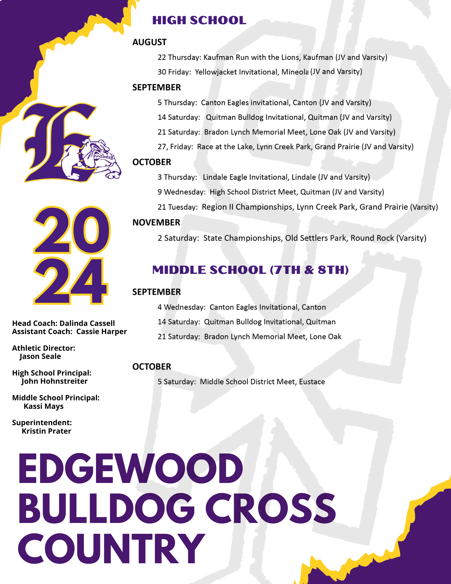 Picture copy of the Cross Country Schedule, for a Screen Reader version please click on the printable pdf