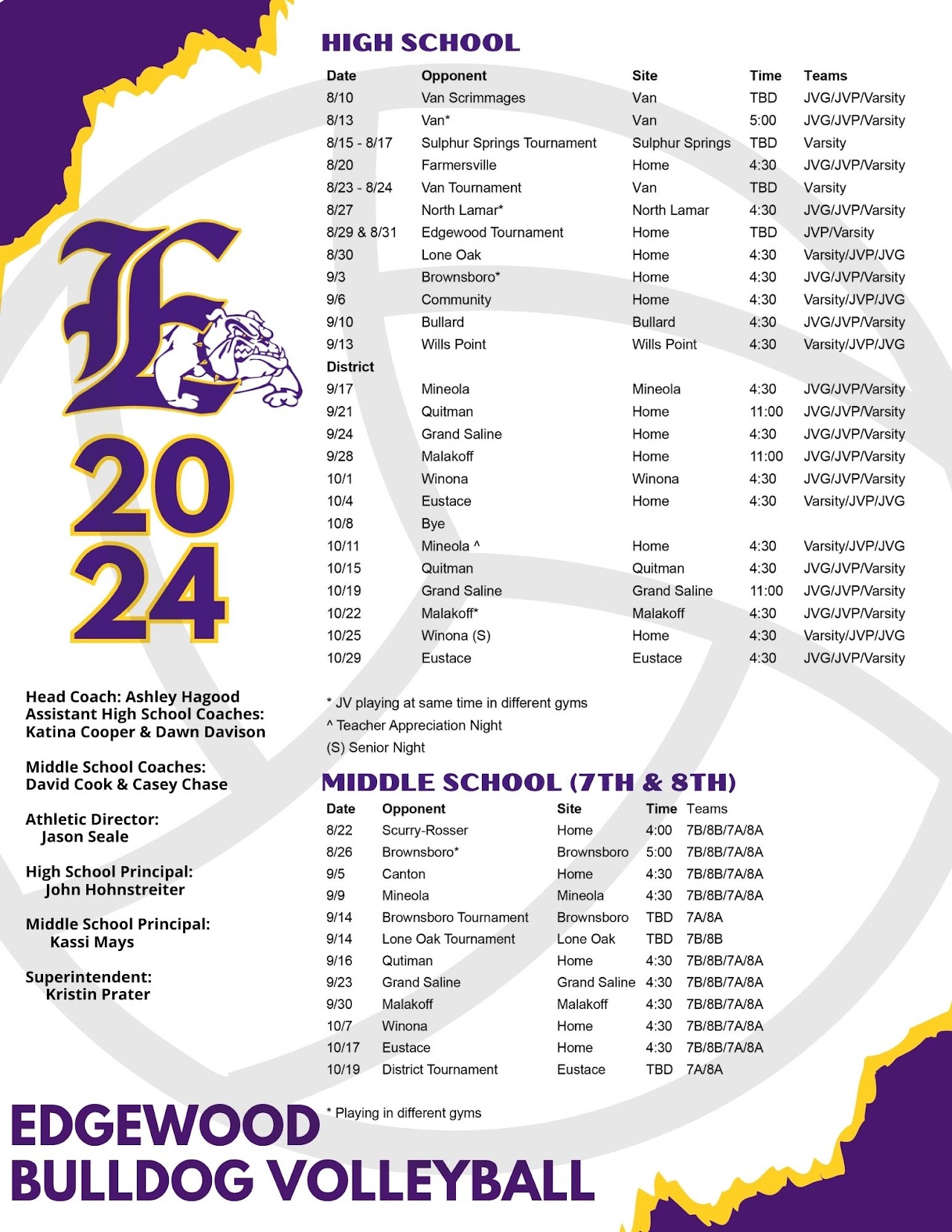 Picture copy of the schedule, click on the printable pdf for a screen reader version