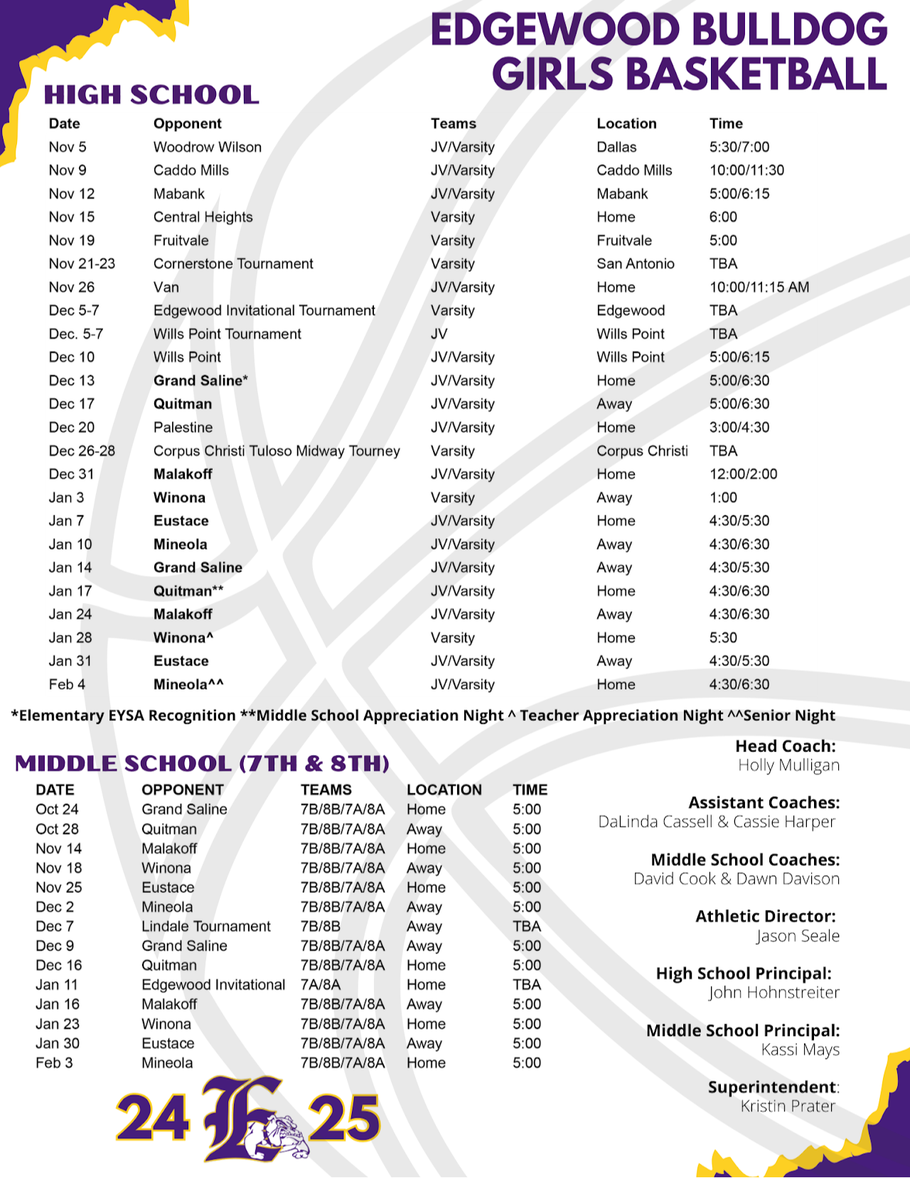 Picture copy of the printable schedule, for a screen reader version click on the printable pdf