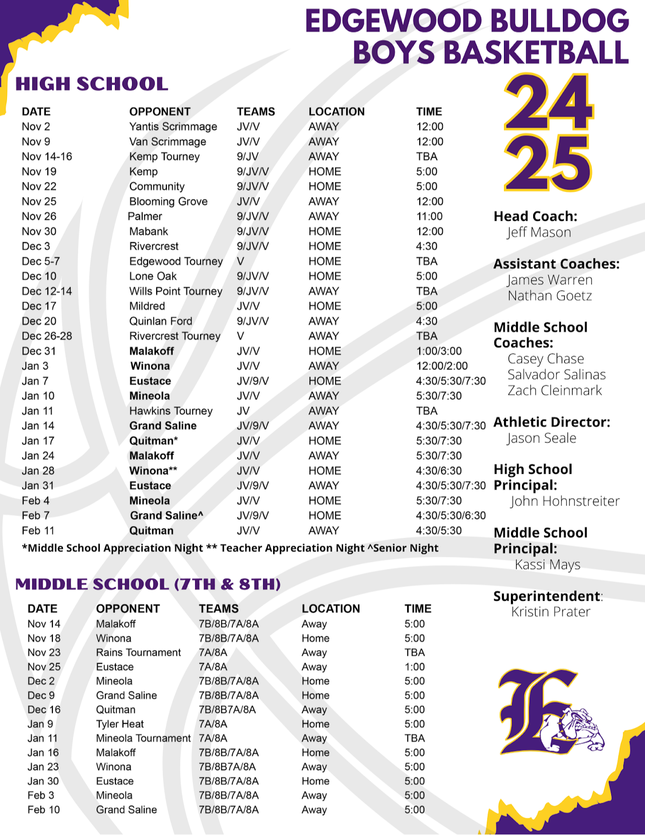 Picture copy of the printable schedule, for a screen reader version click on the printable pdf