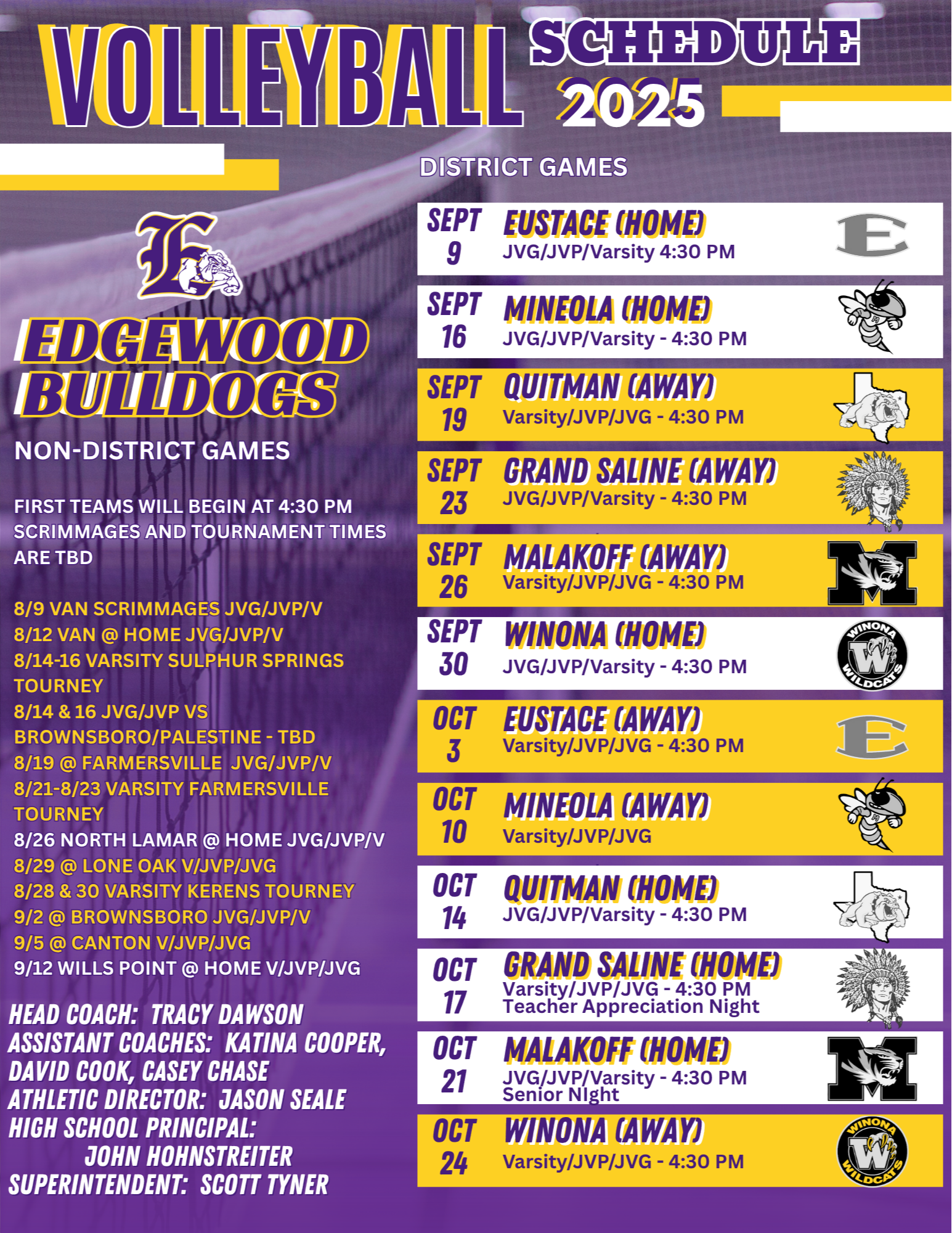 Volleyball Schedule, click on the printable copy for screen reader