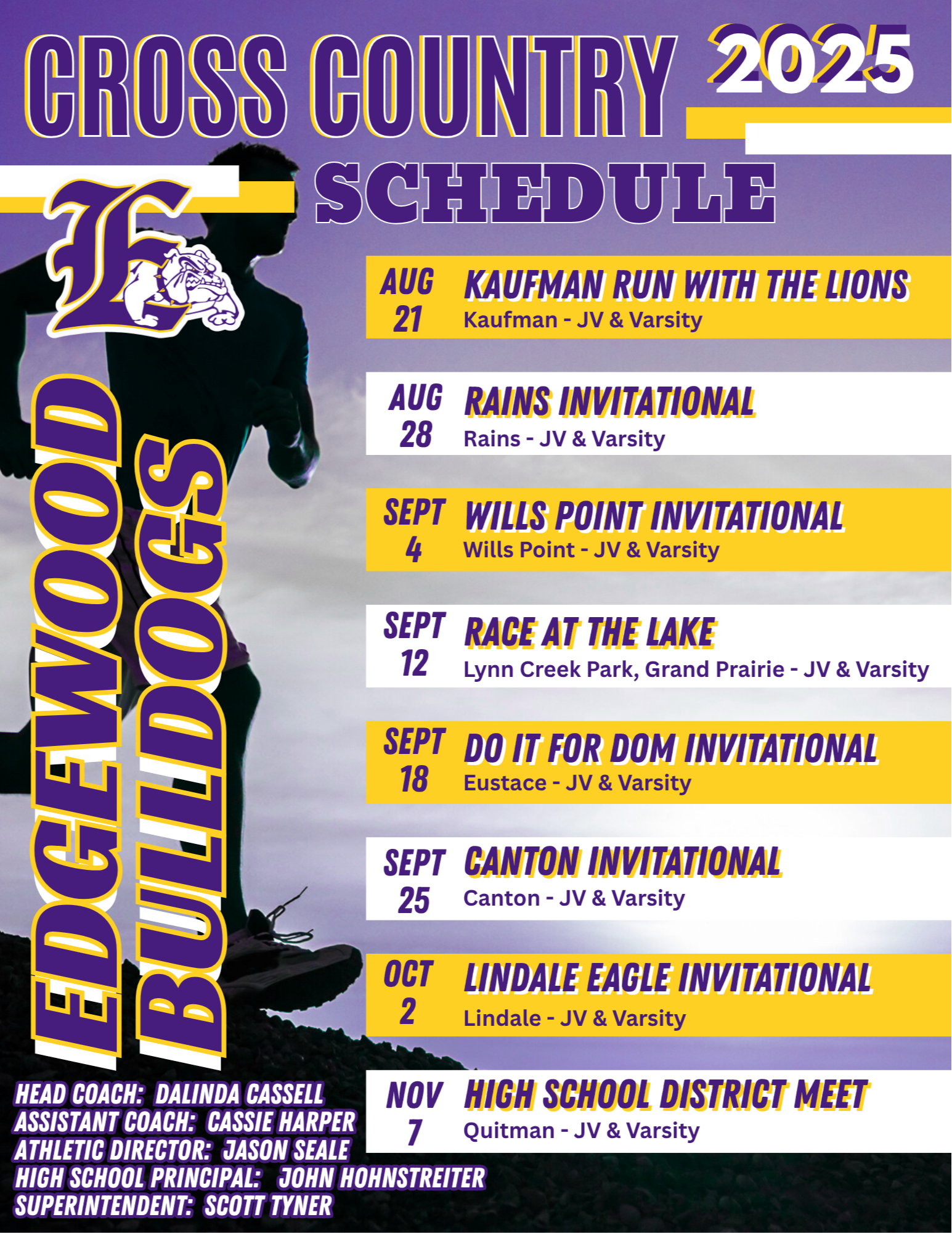 Copy of the cross country schedule.  For a pdf screen reader version click on the printable copy.