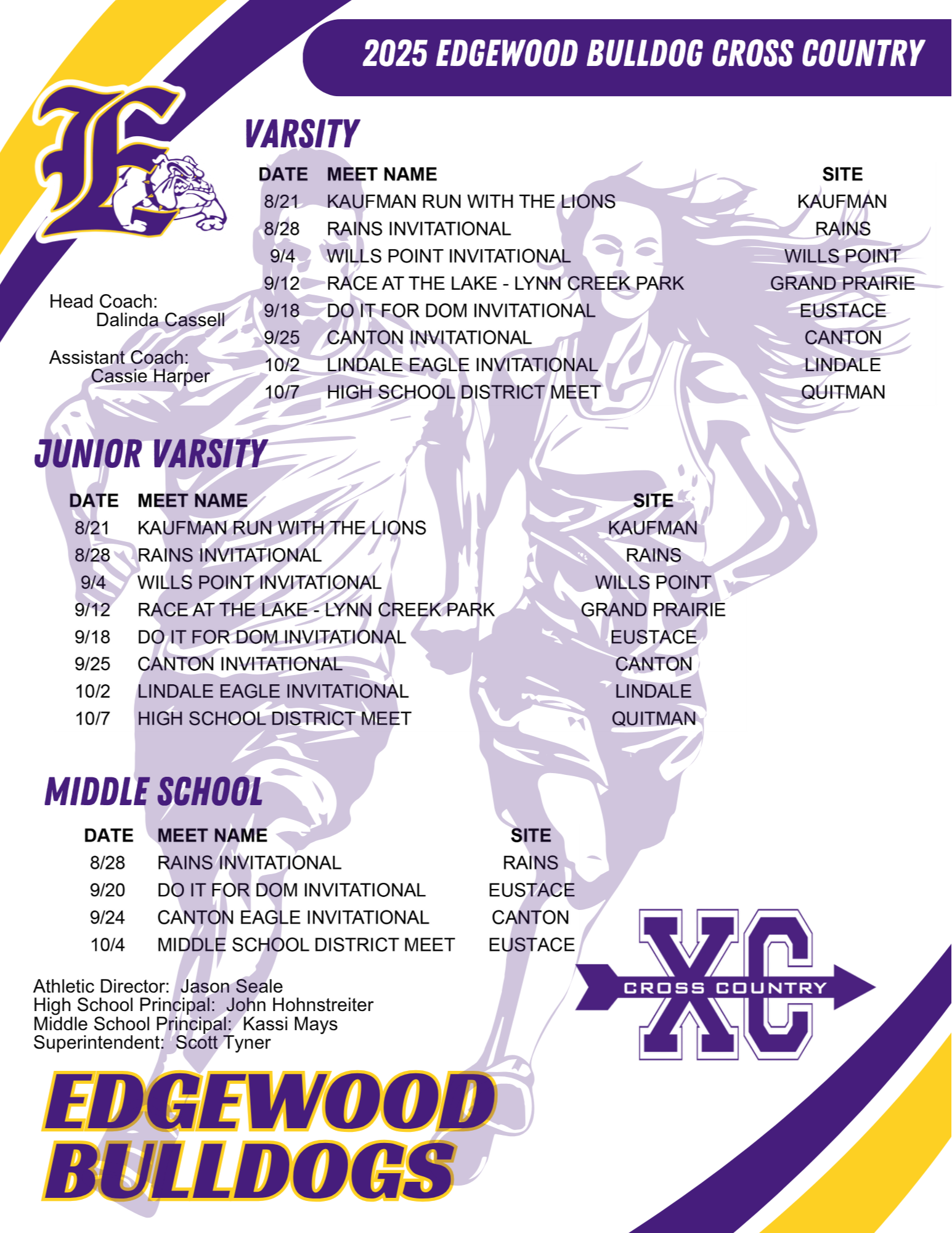 Picture copy of the Cross Country Schedule, for a Screen Reader version please click on the printable pdf