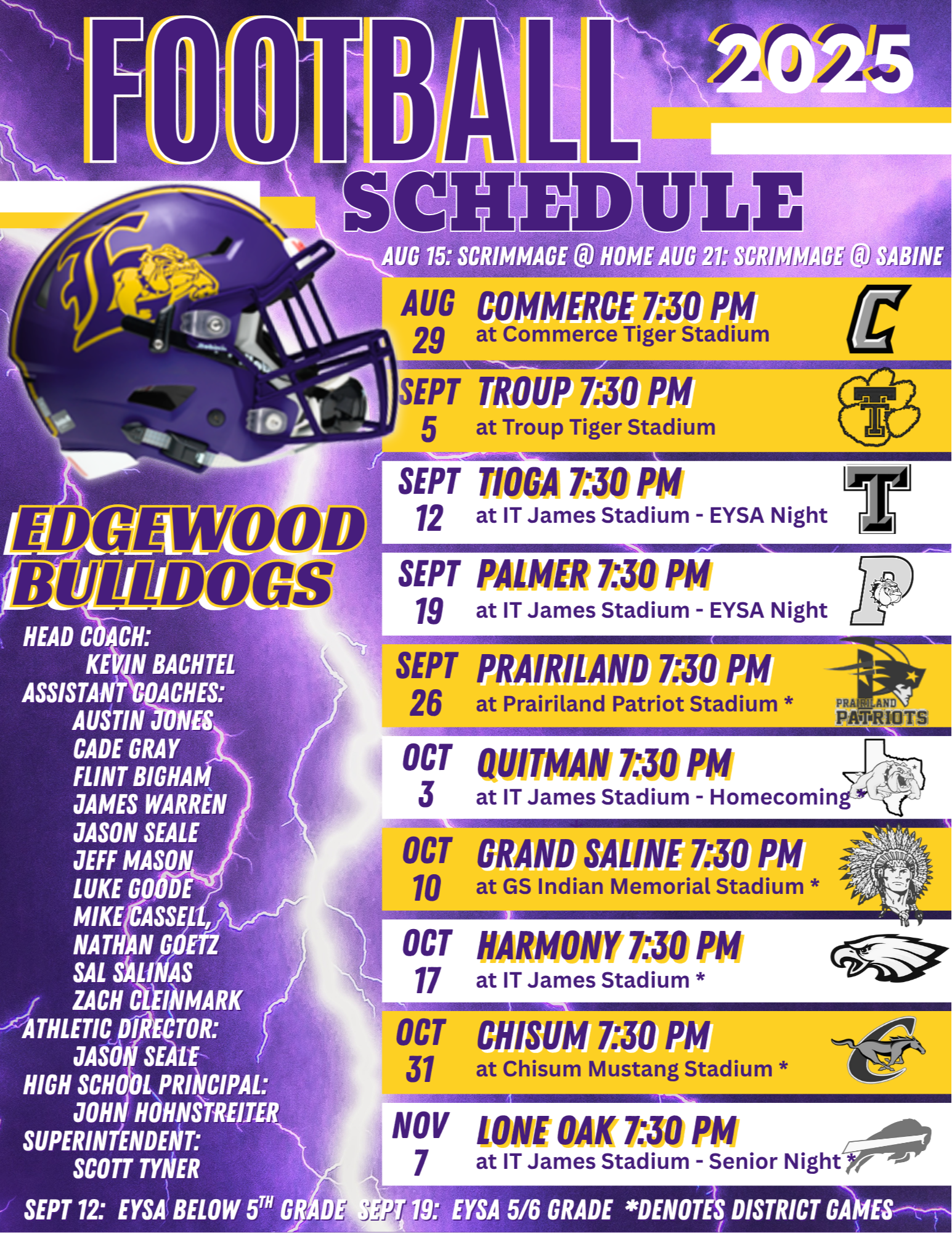 Picture of the Football Schedule.  Click on printable schedule for a version to use with screen reader.