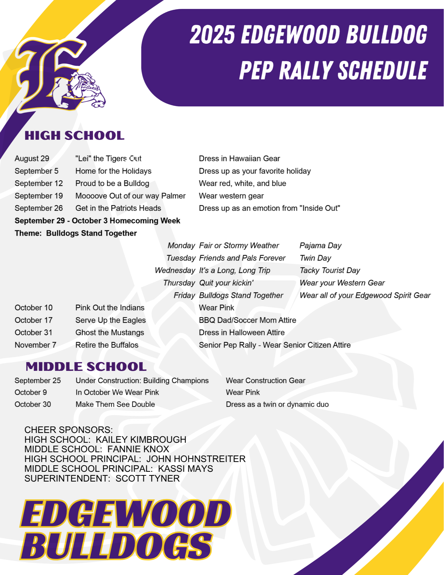 Picture copy of the printable schedule, for a screen reader version click on the printable pdf