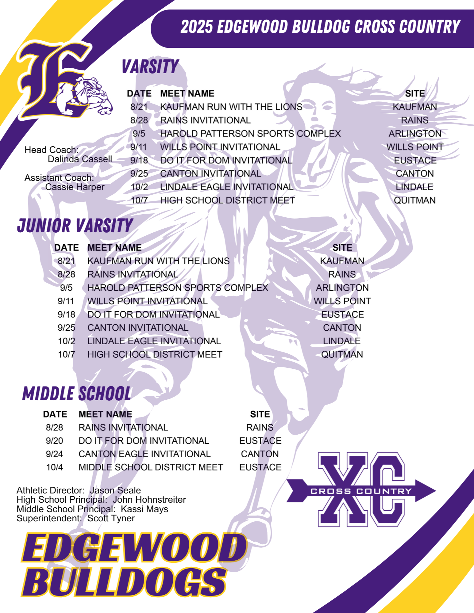 Picture copy of the Cross Country Schedule, for a Screen Reader version please click on the printable pdf