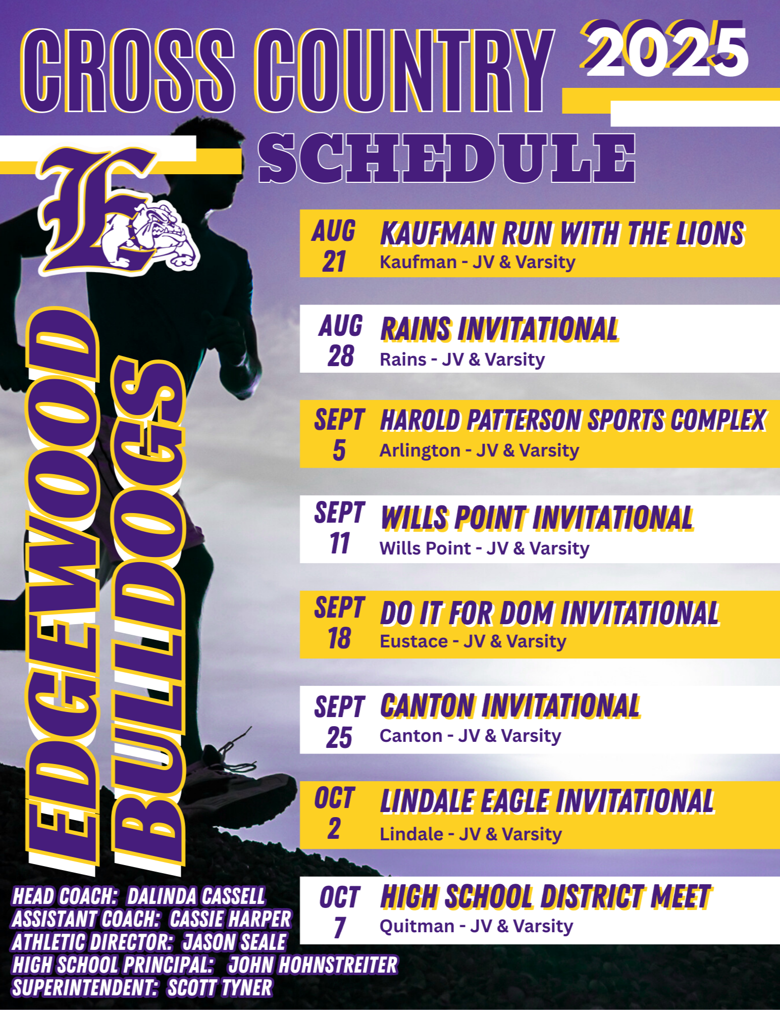 Copy of the cross country schedule.  For a pdf screen reader version click on the printable copy.