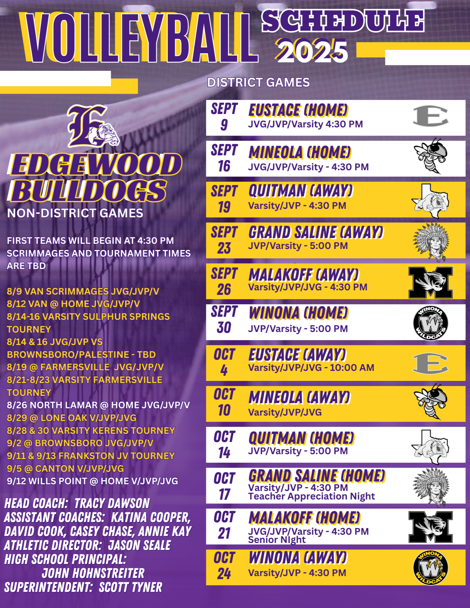 Volleyball Schedule, click on the printable copy for screen reader