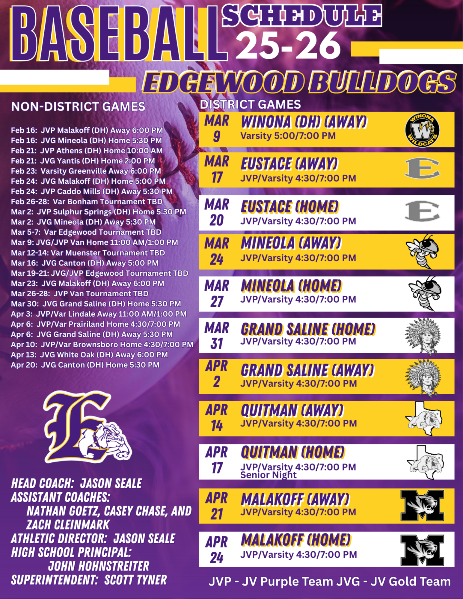 Baseball Schedule for a screen reader copy please click on teh printable pdf