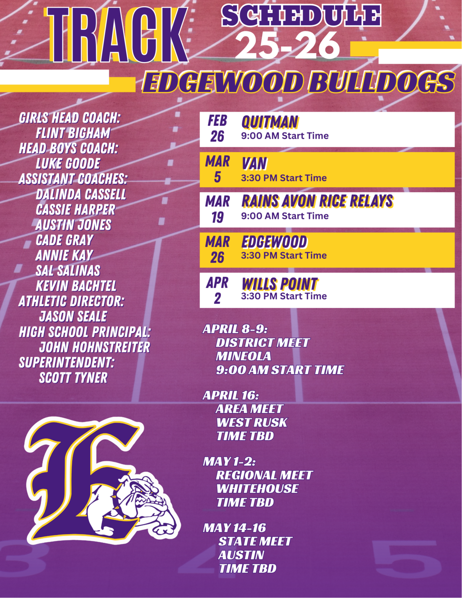 Picture copy of Track Schedule, please click on printable schedule for screen reader version