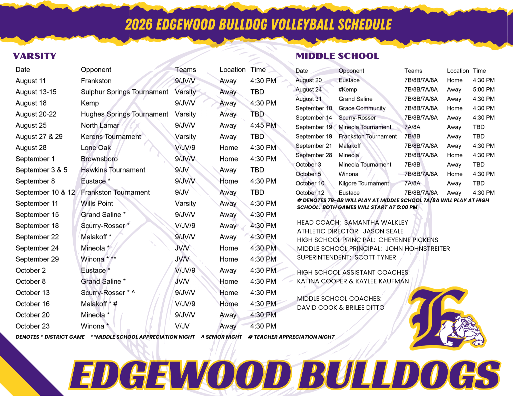 Picture copy of the schedule, click on the printable pdf for a screen reader version