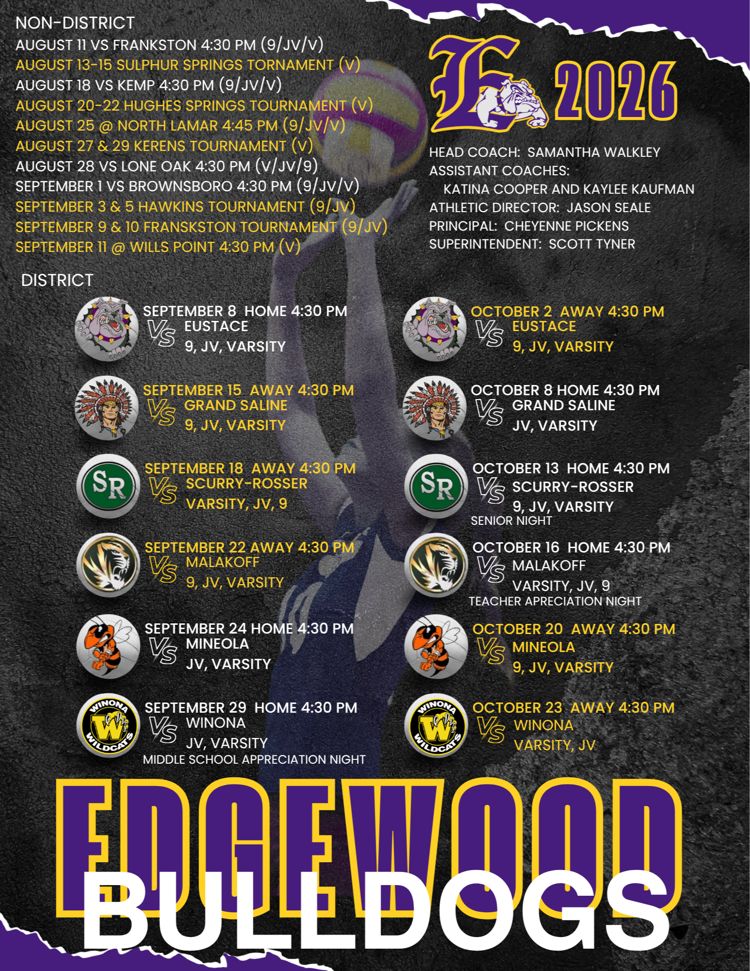 Volleyball Schedule, click on the printable copy for screen reader