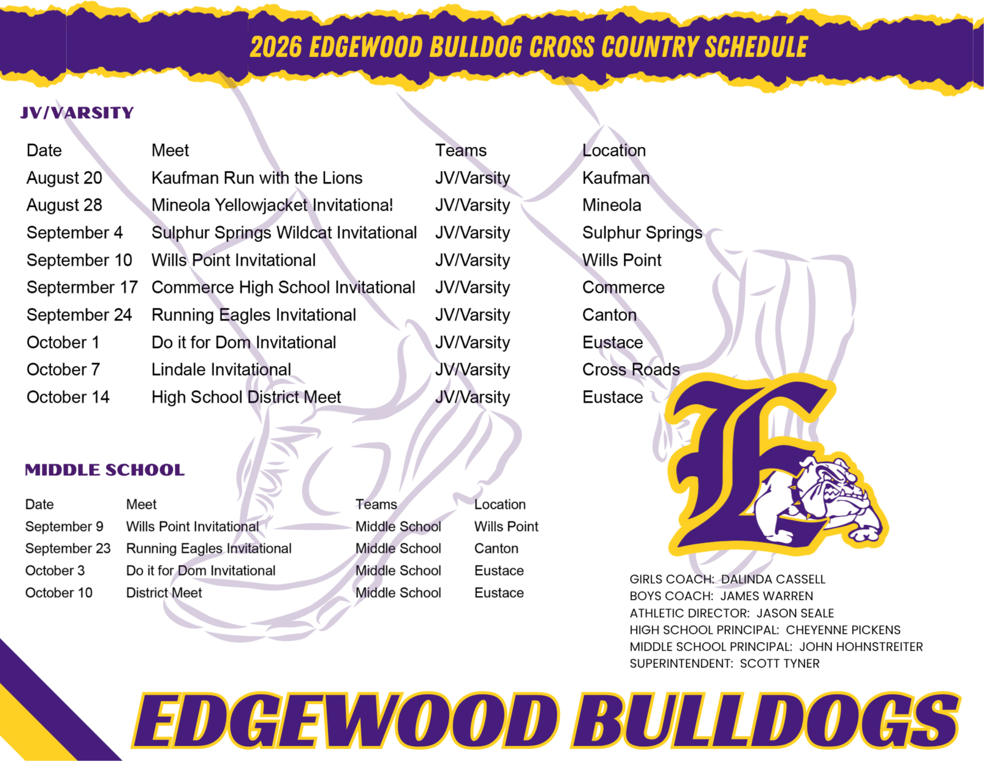 Picture copy of the Cross Country Schedule, for a Screen Reader version please click on the printable pdf