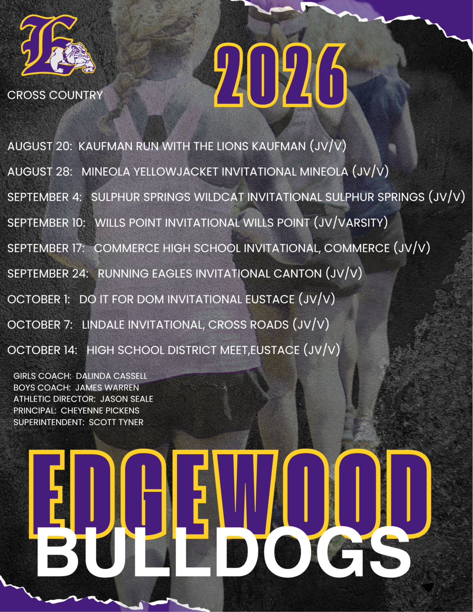Copy of the cross country schedule.  For a pdf screen reader version click on the printable copy.
