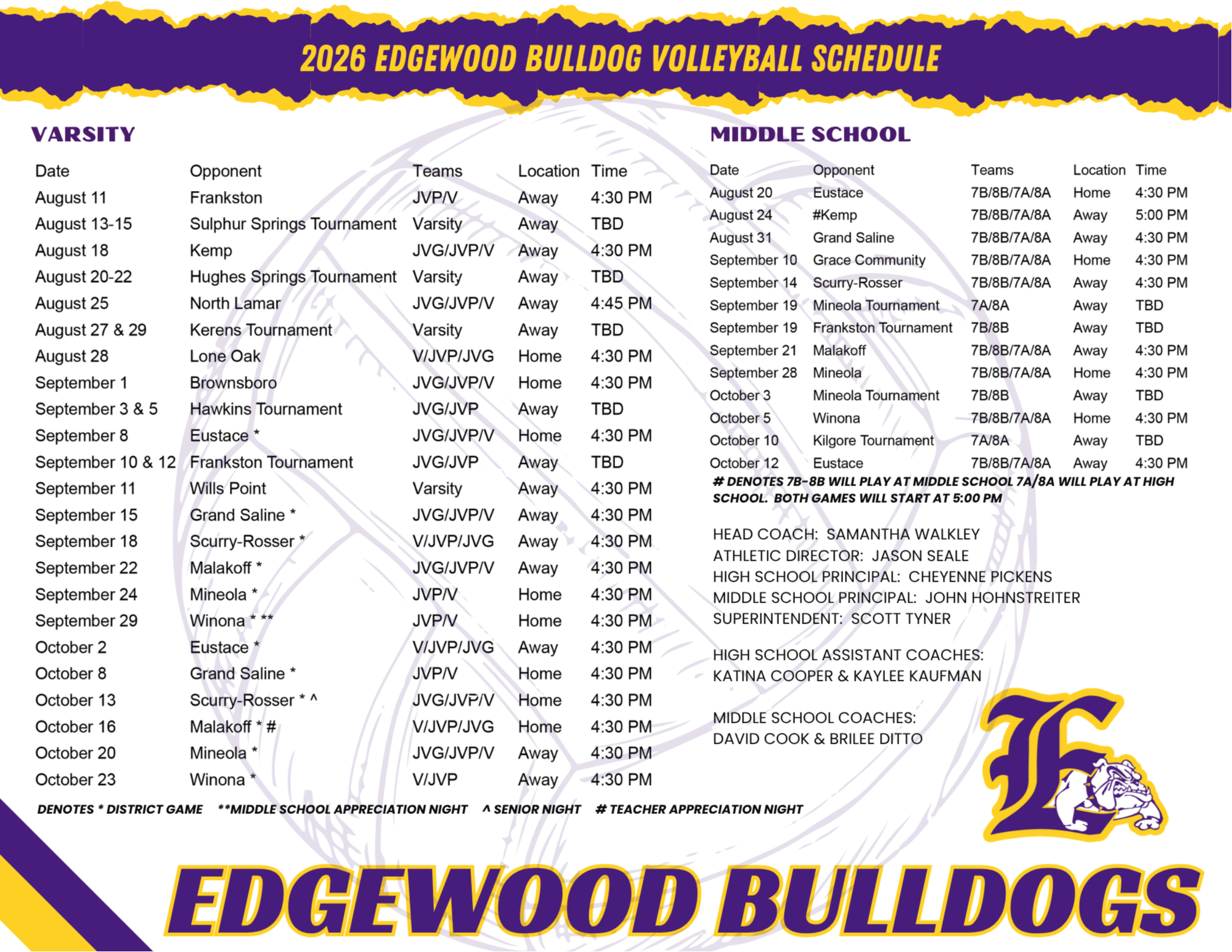 Picture copy of the schedule, click on the printable pdf for a screen reader version
