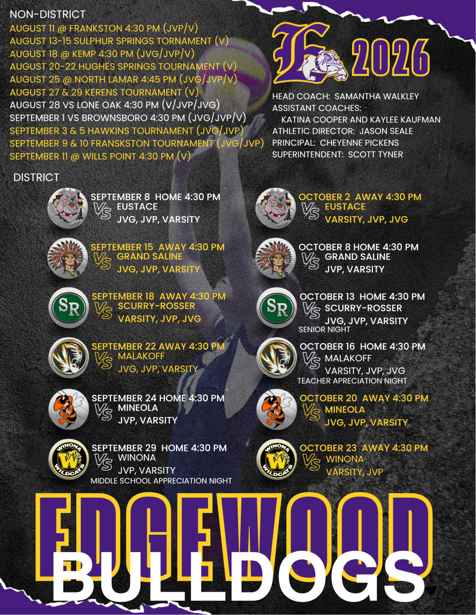 Volleyball Schedule, click on the printable copy for screen reader