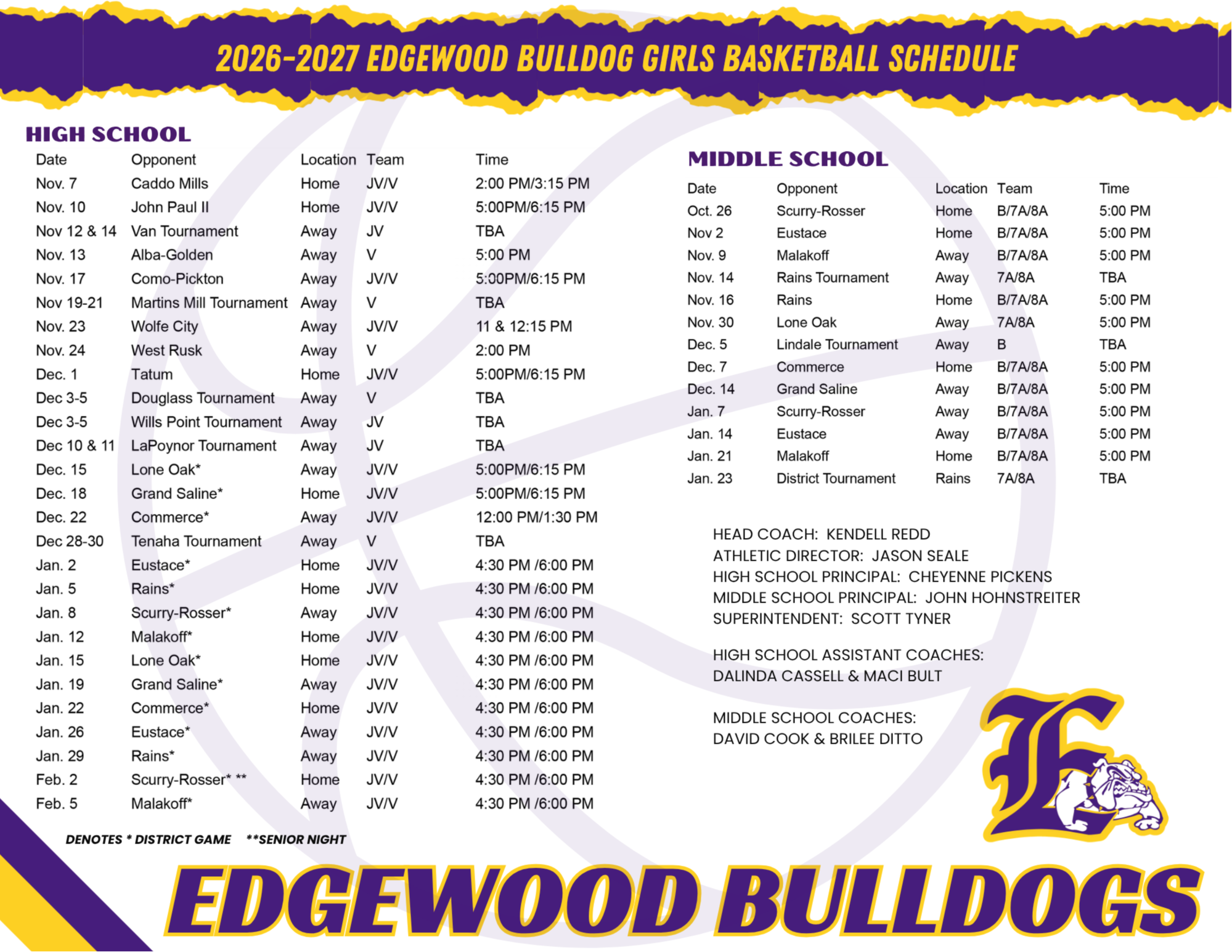 Girls Basketball Schedule