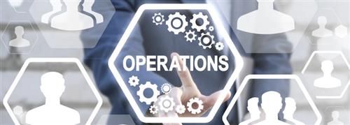 A person in a suit points towards a hexagonal graphic labeled 'OPERATIONS', surrounded by icons representing people and gears, suggesting a focus on business operations and teamwork.