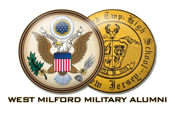 An emblem featuring the Great Seal of the United States alongside a gold seal representing West Milford High School in New Jersey, with the text 'WEST MILFORD MILITARY ALUMNI' at the bottom.