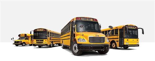 A group of yellow school buses parked together, showcasing different models and sizes against a plain white background.