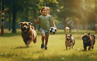 boy at play with pups