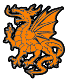 An orange dragon with wings and a fierce expression, outlined in black, depicted in a stylized design.