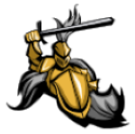 A stylized illustration of a knight in golden armor, wielding a sword with flowing black hair.