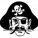 A stylized black and white illustration of a pirate wearing a hat adorned with a skull and crossbones, featuring an eye patch and a mustache.