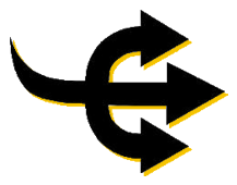 A stylized logo featuring a central curved arrow with two outward-pointing arrows on either side, all in black with yellow accents.