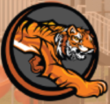 A stylized illustration of a tiger in an orange and black color scheme, featuring the tiger's head and paw extending outward within a circular design.