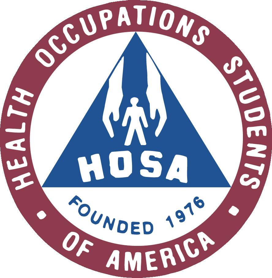 The logo of Health Occupations Students of America (HOSA), featuring a blue triangle with a stylized figure and two hands above it, surrounded by a red circular border with the text 'HEALTH OCCUPATIONS STUDENTS OF AMERICA' and 'FOUNDED 1976'.