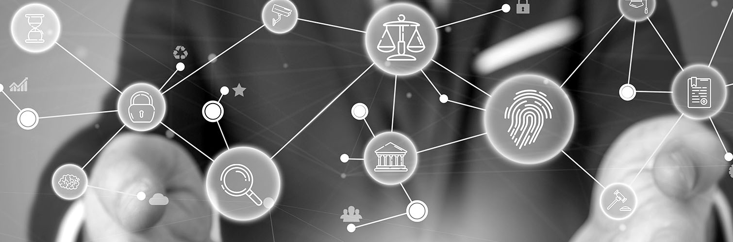 A digital illustration of a businessperson surrounded by interconnected symbols and graphics, symbolizing networking or information technology.