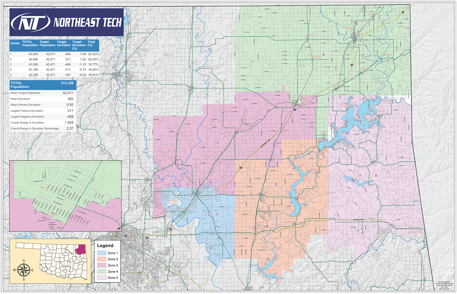 Map of the Northeast Tech district in northeast Oklahoma, divided into five color-coded zones (Zone 1: blue, Zone 2: orange, Zone 3: pink, Zone 4: green, Zone 5: light purple). The map includes major highways, city boundaries, and landmarks like MidAmerica Industrial Park and Grand Lake. Insets show a close-up of urban areas and a location reference map of Oklahoma. A population table lists target populations and deviations for each zone.