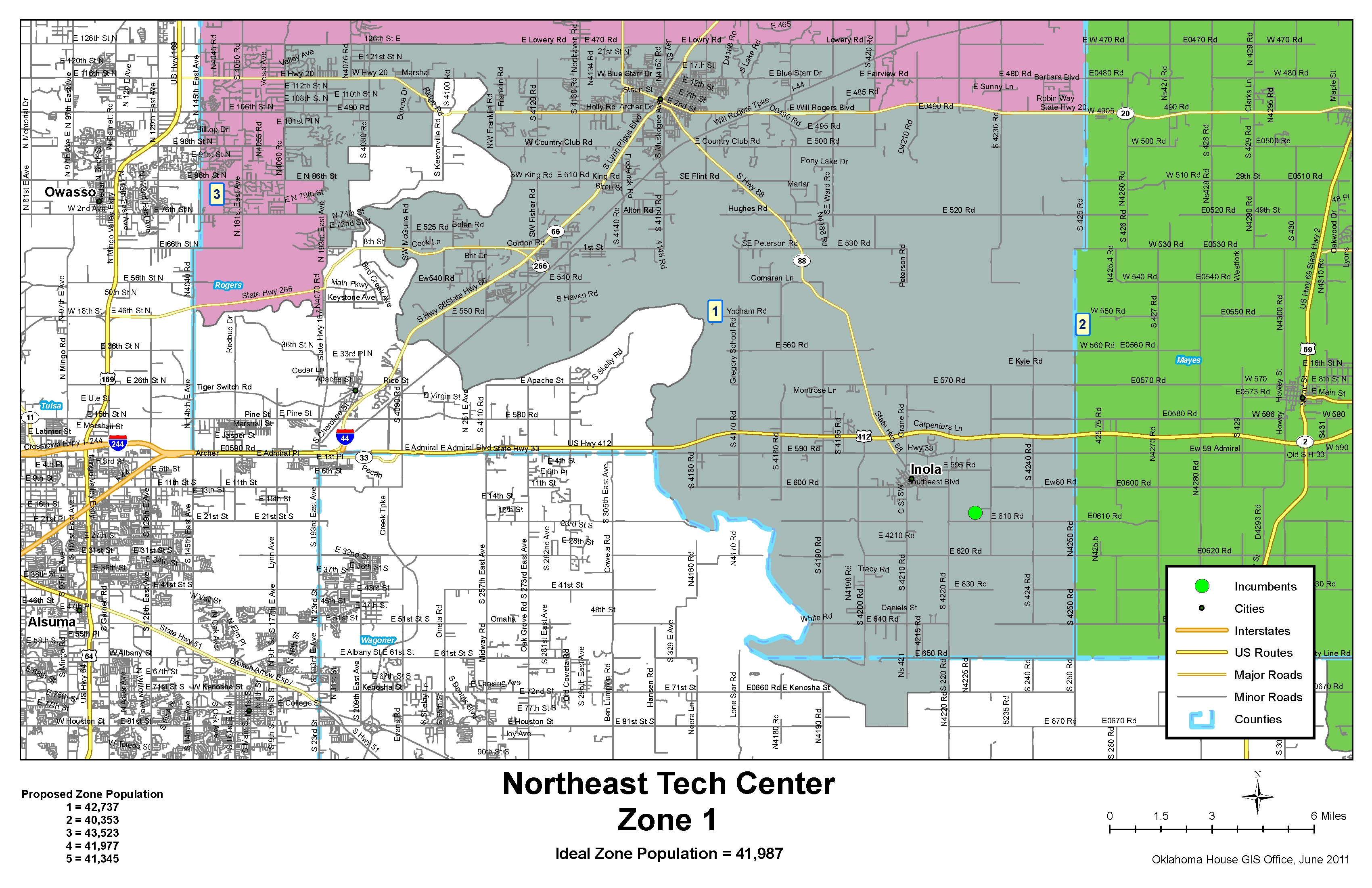 Map of Northeast Tech Center Zone 1, covering areas including Owasso, Inola, and parts of Rogers and Wagoner counties. Highlights major roads like US-412 and interstates such as I-44, with city labels and geographic boundaries. Gray-shaded area indicates Zone 1.