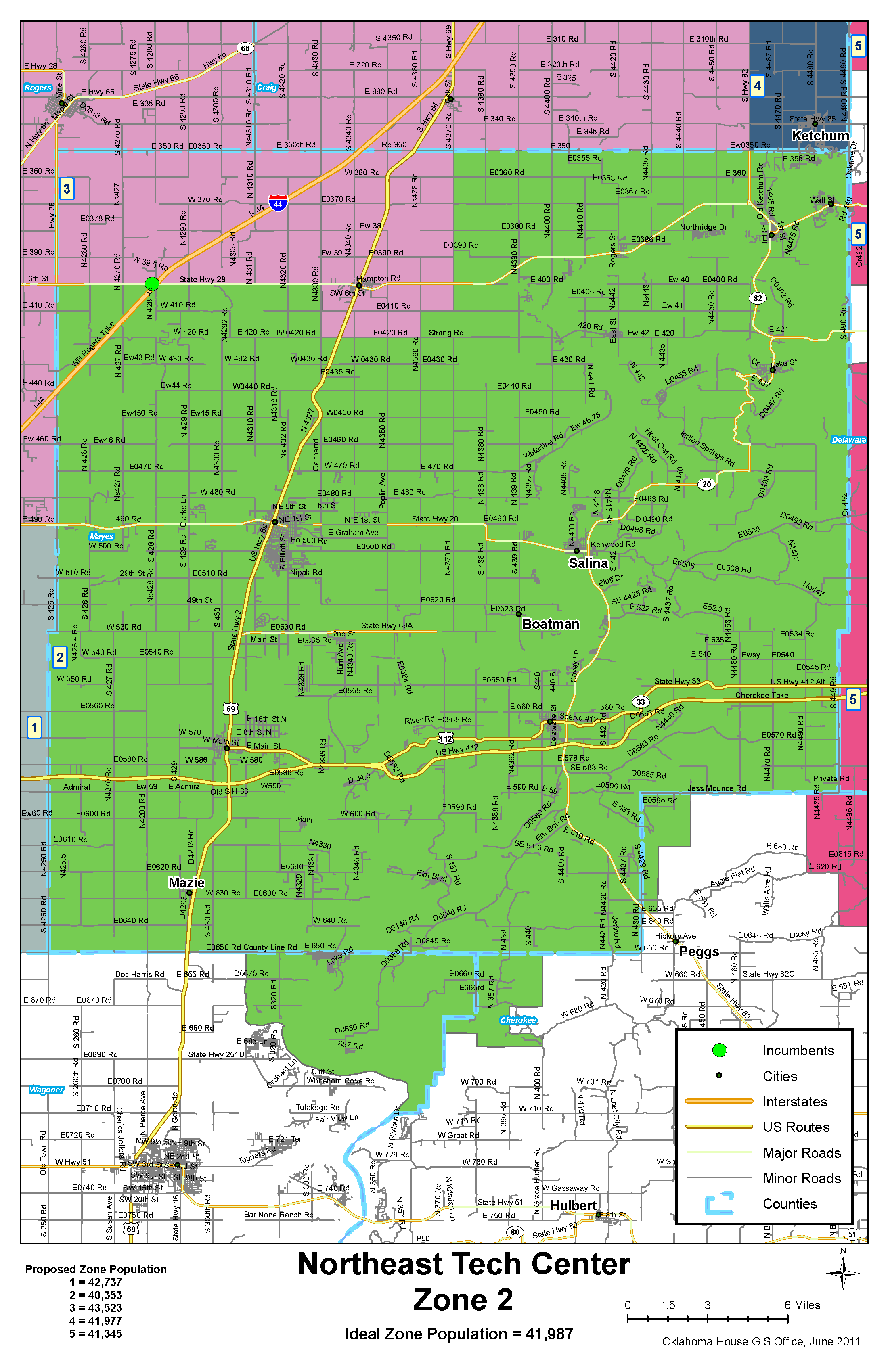 Map of Northeast Tech Center Zone 2, shaded in green, showing key towns such as Salina, Boatman, Mazie, and Hulbert. Includes major highways like US-69 and State Highway 412, with clear city markers, road grids, and county lines across Mayes, Cherokee, and parts of Rogers counties.