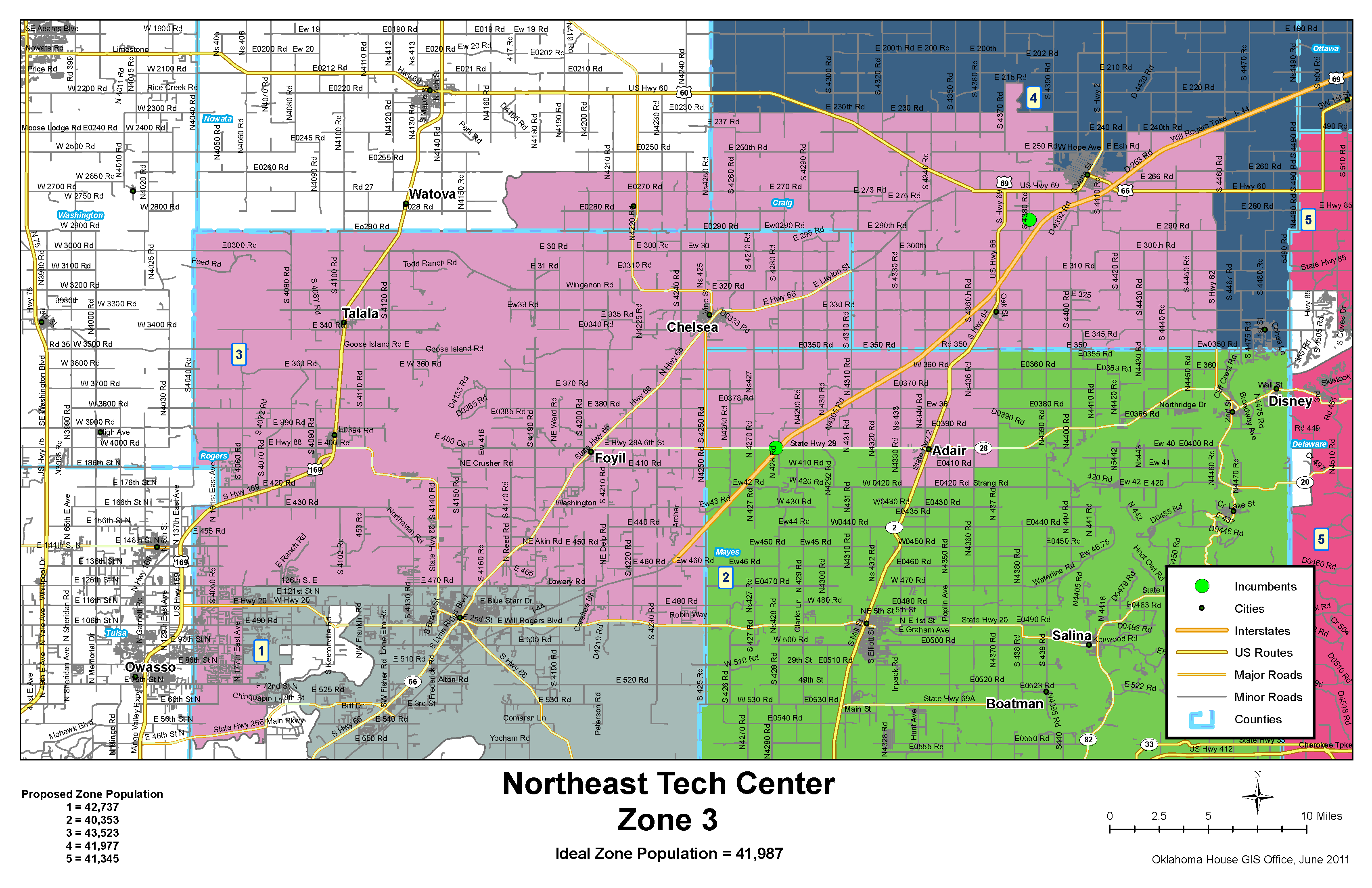 Map of Northeast Tech Center Zone 3, represented in pink, spanning areas like Chelsea, Talala, and Foyil. Displays US Route 66, State Highway 28, and local roads, with boundaries extending across Rogers and parts of Craig counties.