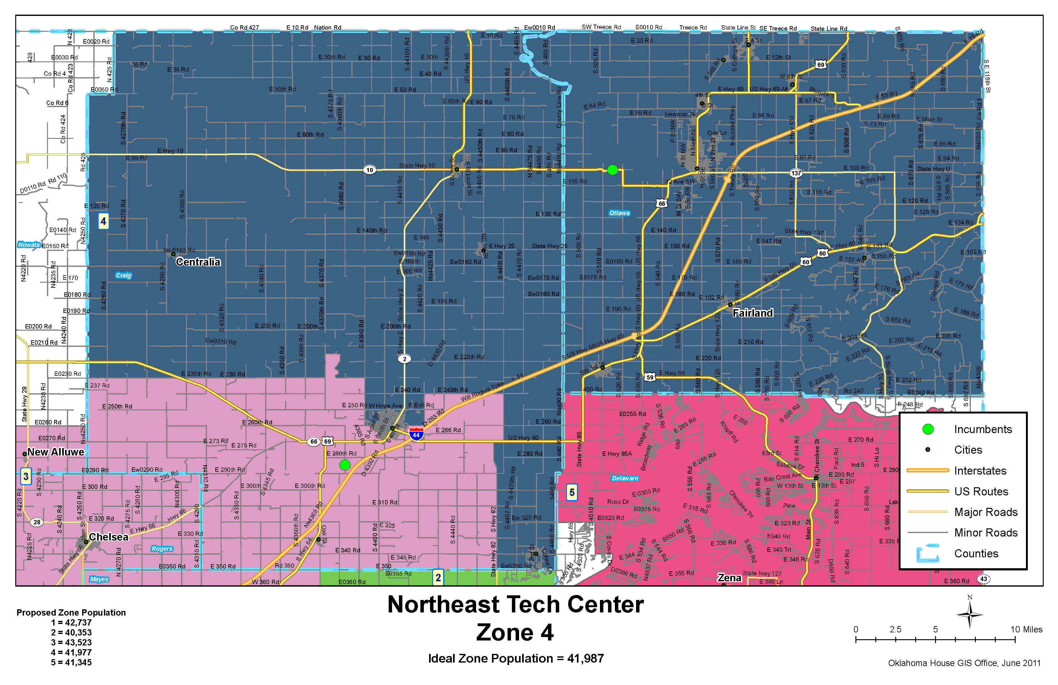 Map of Northeast Tech Center Zone 4, shaded in blue, including towns such as Fairland, Centralia, and portions of Chelsea. Key features include US-59 and I-44, with detailed roadways and municipal boundaries in Ottawa and parts of Craig and Rogers counties.