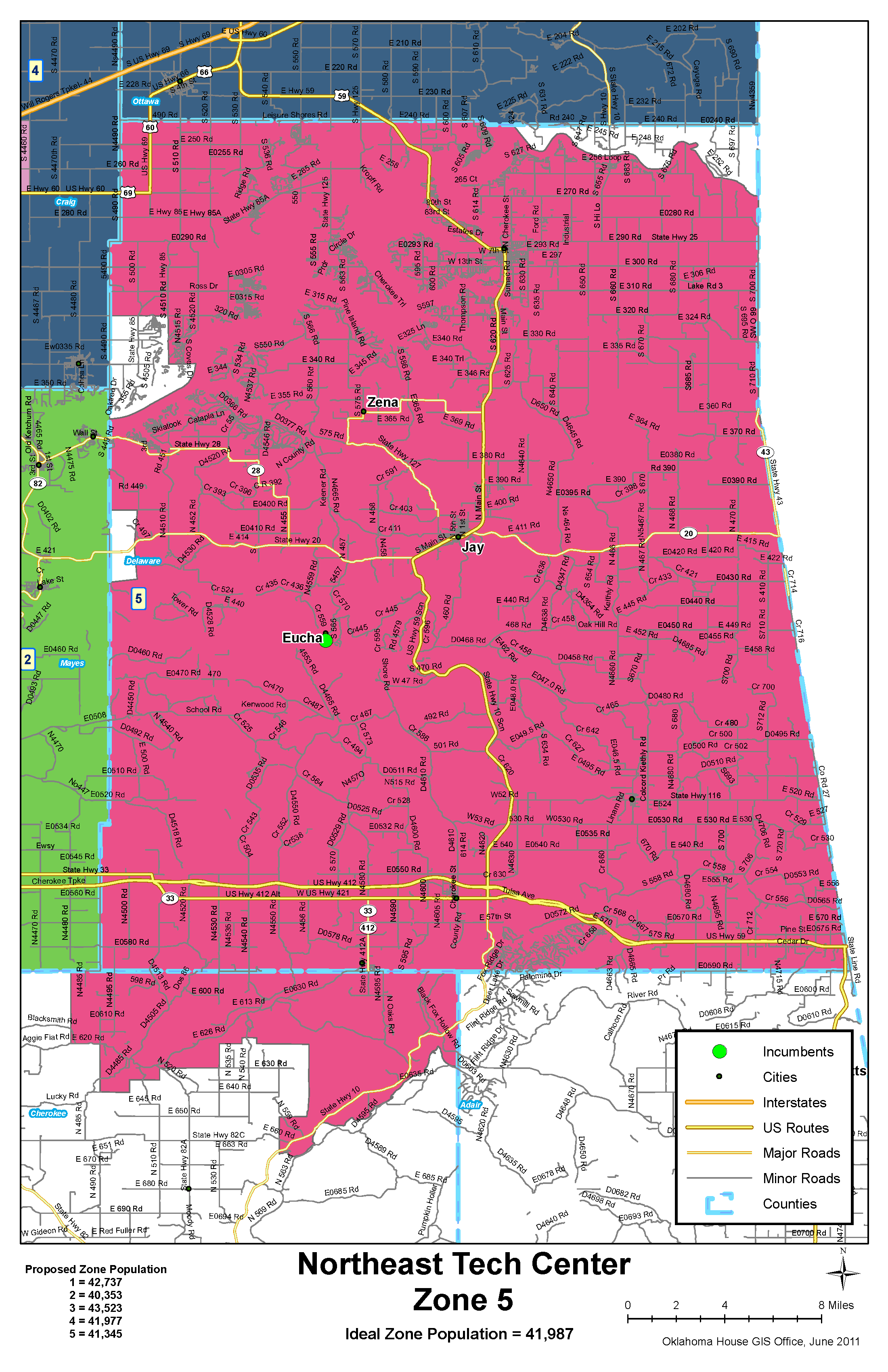 Map of Northeast Tech Center Zone 5, colored pink, showing coverage of Jay, Zena, Eucha, and surrounding rural areas. Encompasses sections of Delaware and Ottawa counties, with roads like US-59 and US-412 clearly marked.