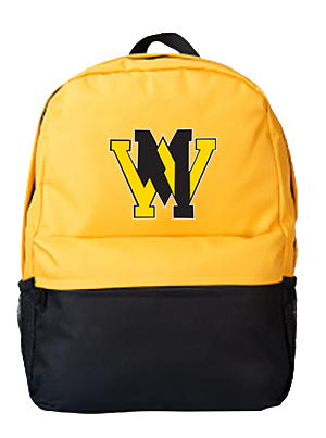A yellow and black backpack featuring a stylized logo in the center, combining the letters 'W' and 'M' in a bold design.