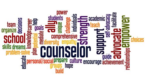 A word cloud featuring terms related to counseling, including 'counselor,' 'advocate,' 'empower,' 'support,' and 'school,' emphasizing the roles and qualities of a counselor.