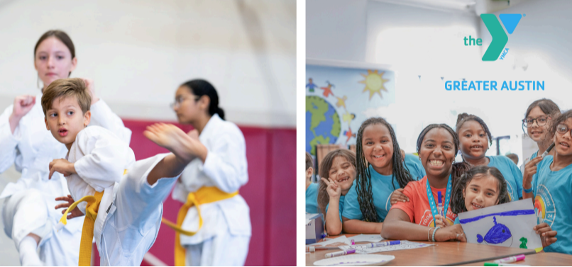 A group of students practicing a martial arts and another group of kids showcasing art.